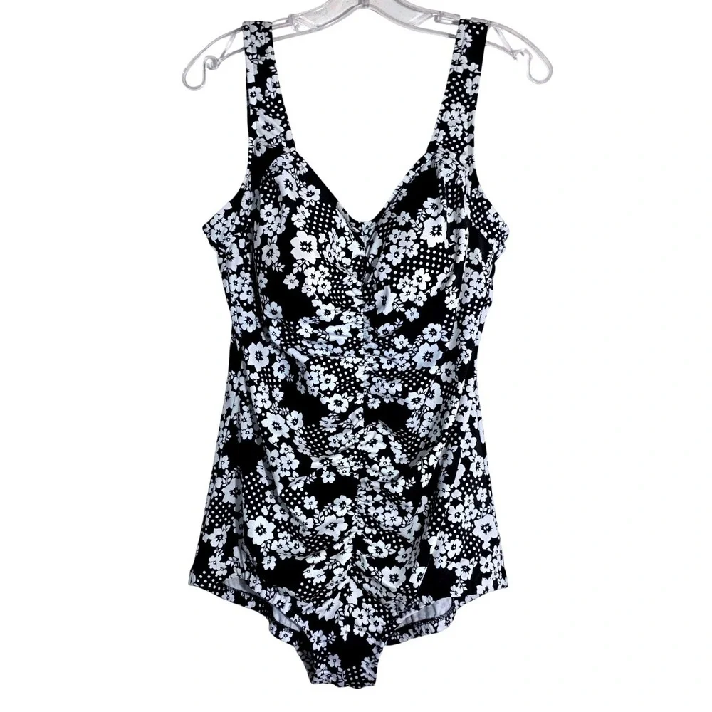 Maxine Of Hollywood Womens Vintage Black White Floral Ruched One Piece Swimsuit